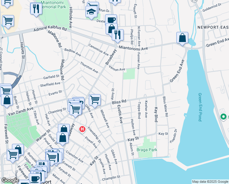 map of restaurants, bars, coffee shops, grocery stores, and more near 86 Bliss Road in Newport