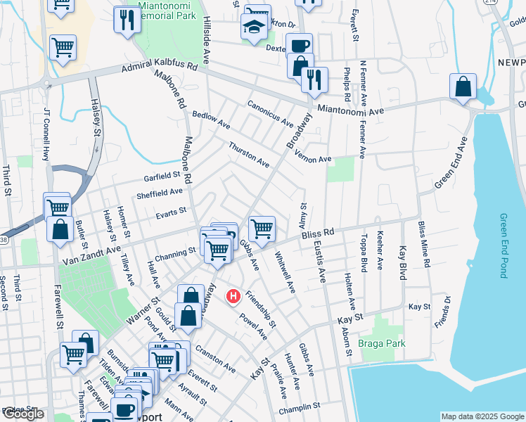 map of restaurants, bars, coffee shops, grocery stores, and more near 15 Brooks Avenue in Newport