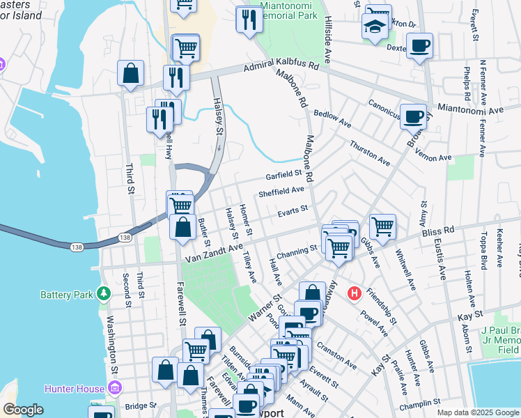 map of restaurants, bars, coffee shops, grocery stores, and more near 4 Armstrong Place in Newport