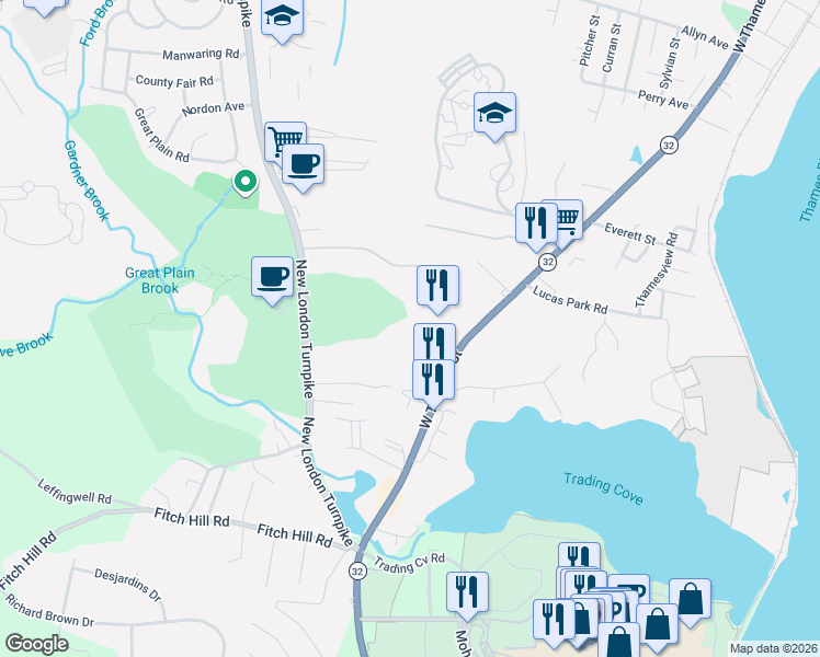 map of restaurants, bars, coffee shops, grocery stores, and more near 645 West Thames Street in Norwich