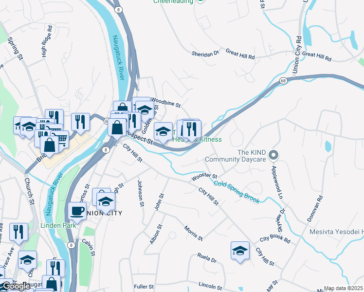 map of restaurants, bars, coffee shops, grocery stores, and more near 65 Sheffield Lane in Naugatuck