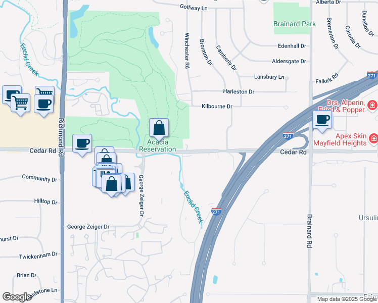 map of restaurants, bars, coffee shops, grocery stores, and more near in Beachwood