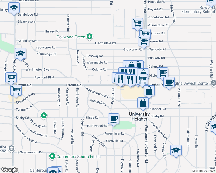 map of restaurants, bars, coffee shops, grocery stores, and more near 2176 Fenwick Road in University Heights