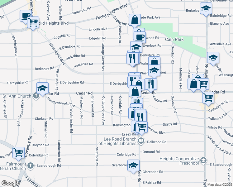 map of restaurants, bars, coffee shops, grocery stores, and more near 2175 Rexwood Road in Cleveland Heights