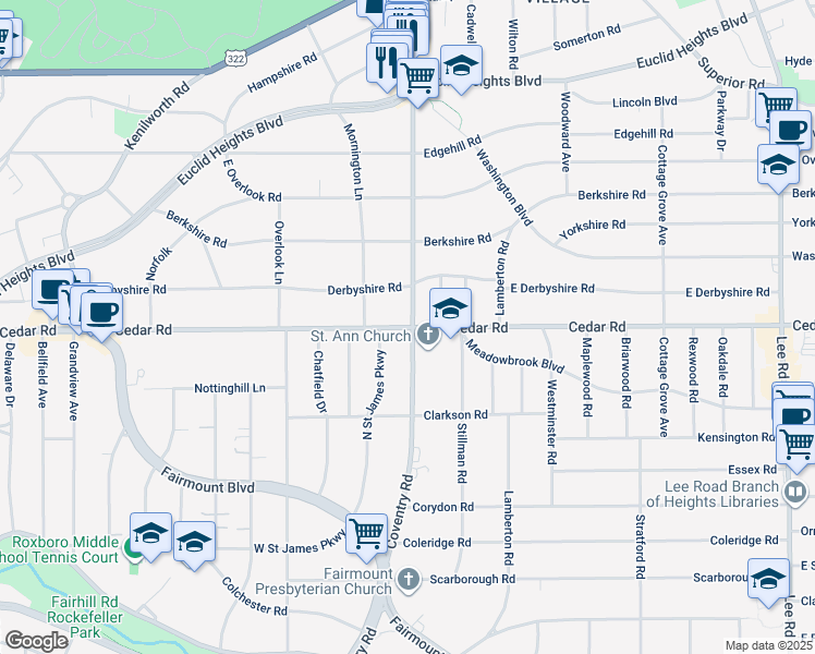 map of restaurants, bars, coffee shops, grocery stores, and more near 2176 Coventry Road in Cleveland Heights