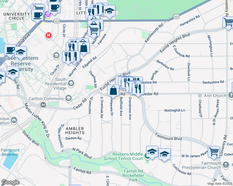 map of restaurants, bars, coffee shops, grocery stores, and more near 2169 Delaware Drive in Cleveland Heights
