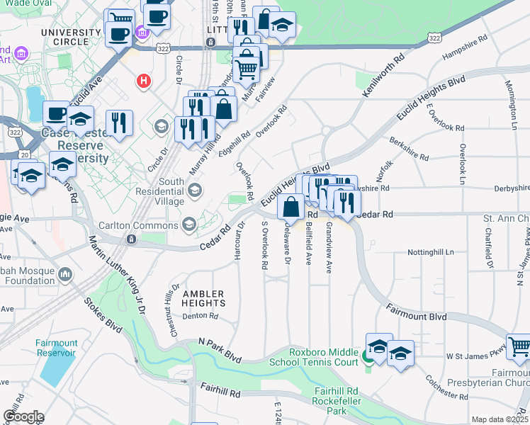 map of restaurants, bars, coffee shops, grocery stores, and more near 2163 South Overlook Road in Cleveland