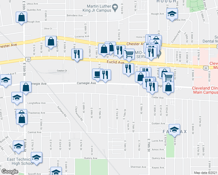 map of restaurants, bars, coffee shops, grocery stores, and more near 7111 Cedar Avenue in Cleveland