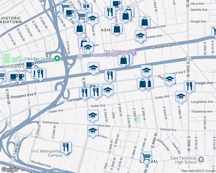 map of restaurants, bars, coffee shops, grocery stores, and more near 3500a Carnegie Avenue in Cleveland