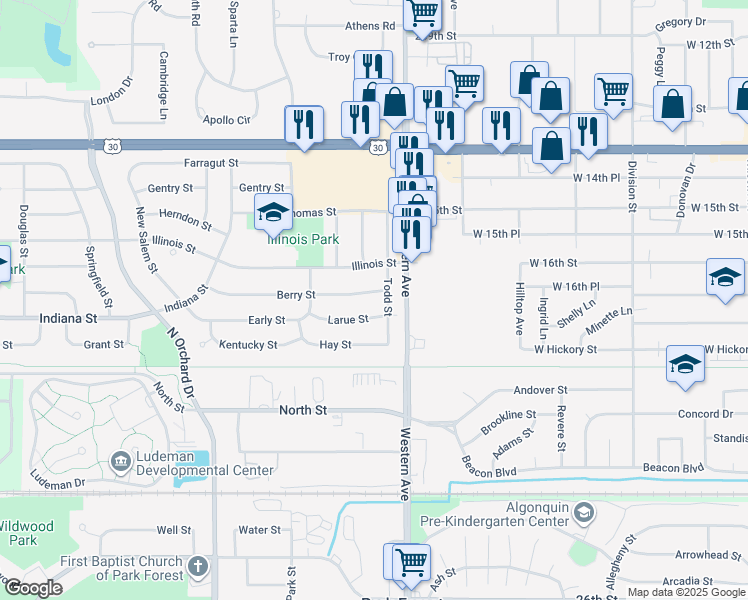 map of restaurants, bars, coffee shops, grocery stores, and more near 209 Todd Street in Park Forest