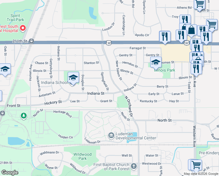 map of restaurants, bars, coffee shops, grocery stores, and more near 241 Indiana Street in Park Forest