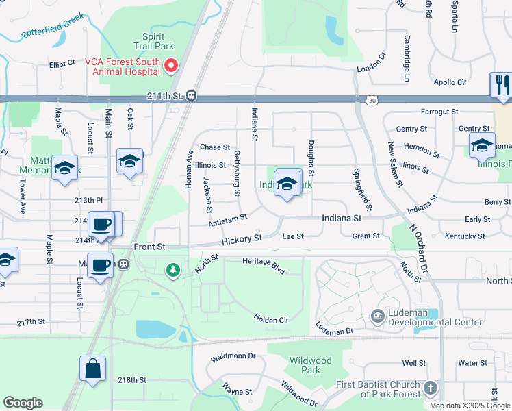 map of restaurants, bars, coffee shops, grocery stores, and more near 507 Antietam Street in Park Forest