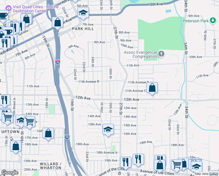 map of restaurants, bars, coffee shops, grocery stores, and more near 1189 26th Street in Moline