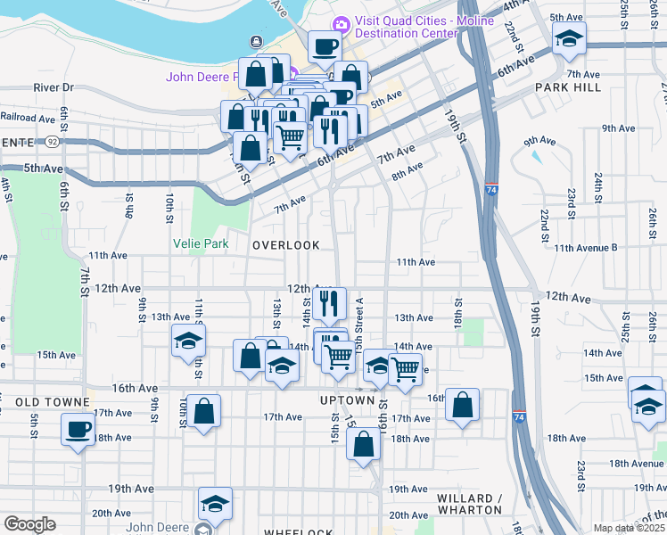 map of restaurants, bars, coffee shops, grocery stores, and more near 1145 15th Street in Moline