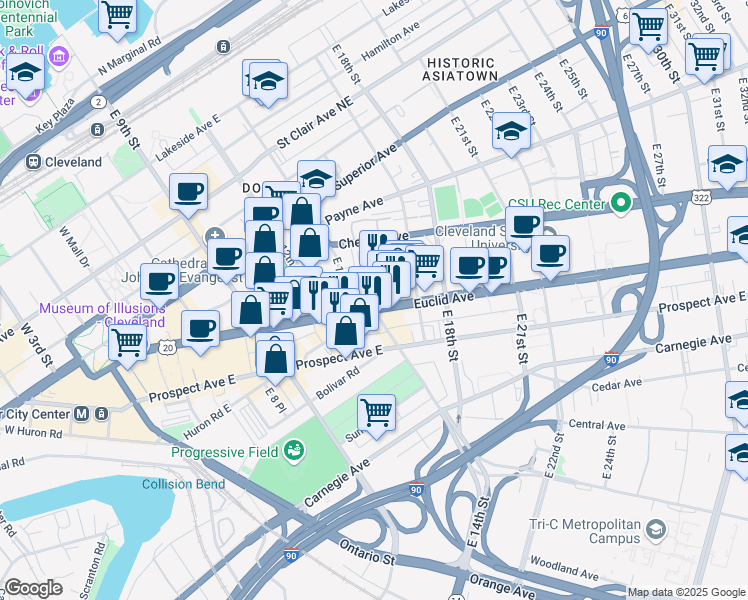 map of restaurants, bars, coffee shops, grocery stores, and more near 1302 Euclid Avenue in Cleveland