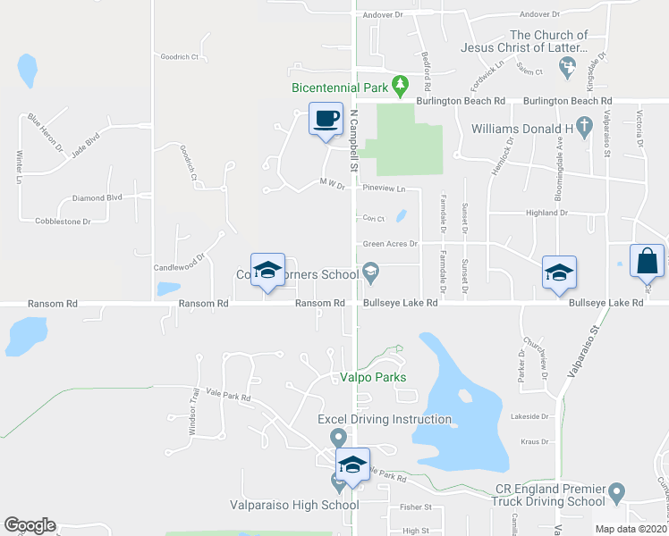 map of restaurants, bars, coffee shops, grocery stores, and more near 451 Brookshire Drive in Valparaiso