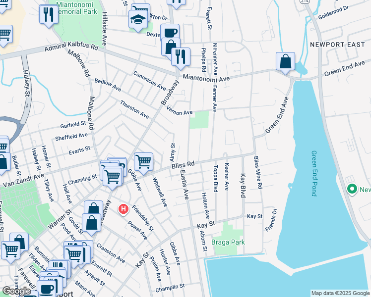 map of restaurants, bars, coffee shops, grocery stores, and more near 12 Freeborn Street in Newport
