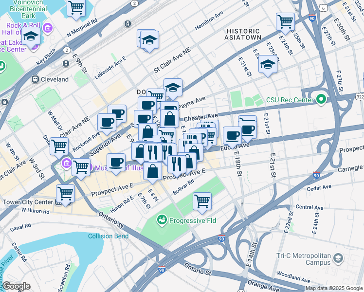 map of restaurants, bars, coffee shops, grocery stores, and more near 1228 Euclid Avenue in Cleveland