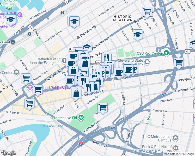 map of restaurants, bars, coffee shops, grocery stores, and more near 1302 Euclid Avenue in Cleveland