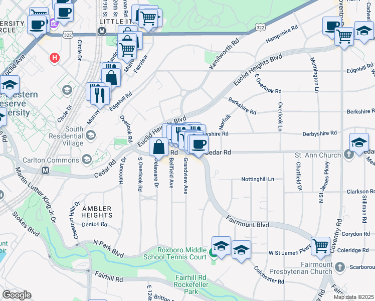 map of restaurants, bars, coffee shops, grocery stores, and more near 12435 Cedar Road in Cleveland Heights