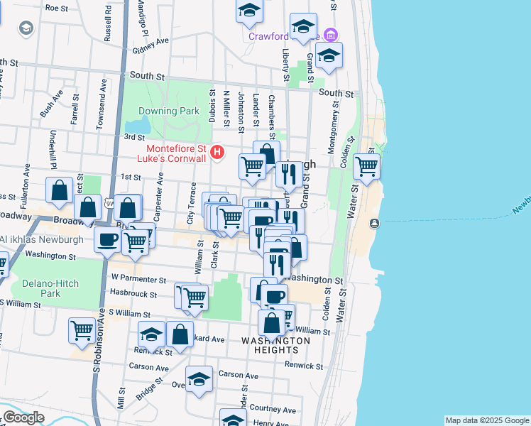 map of restaurants, bars, coffee shops, grocery stores, and more near 10 Chambers Street in Newburgh