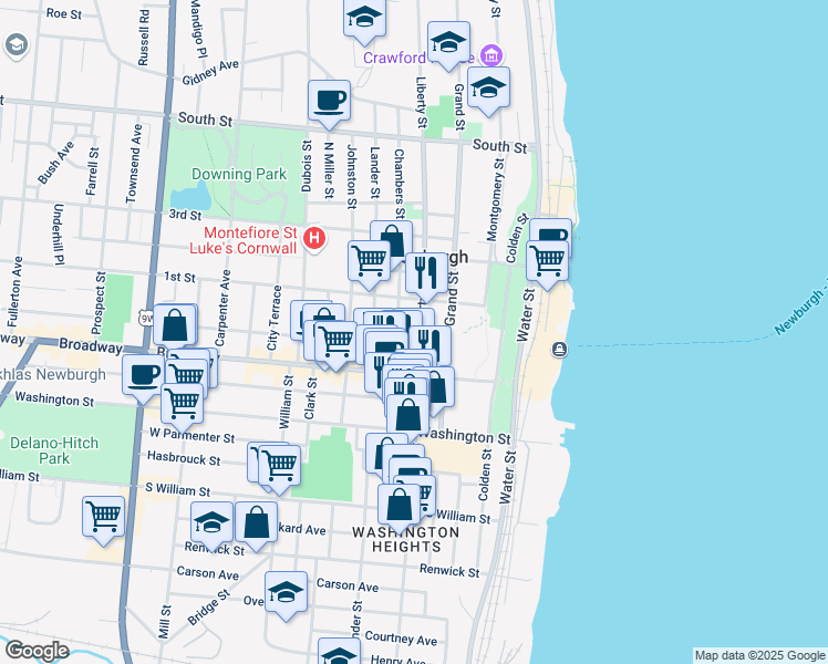 map of restaurants, bars, coffee shops, grocery stores, and more near 10 Chambers Street in Newburgh