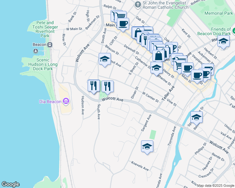 map of restaurants, bars, coffee shops, grocery stores, and more near Forrestal Heights in Beacon