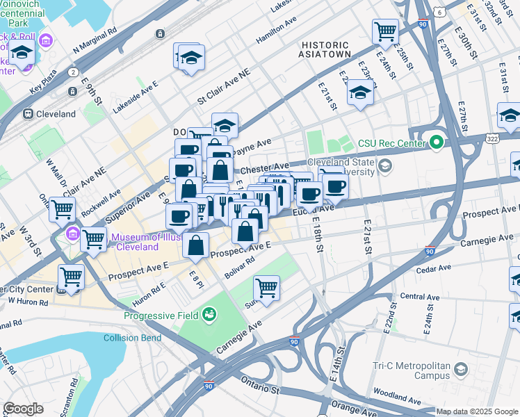 map of restaurants, bars, coffee shops, grocery stores, and more near 1302 Euclid Avenue in Cleveland