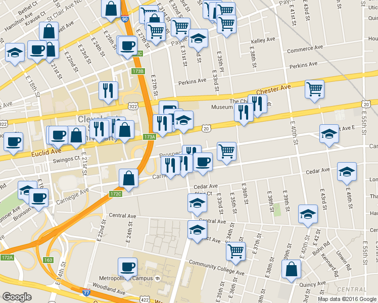 map of restaurants, bars, coffee shops, grocery stores, and more near 3047 Prospect Ave in Cleveland