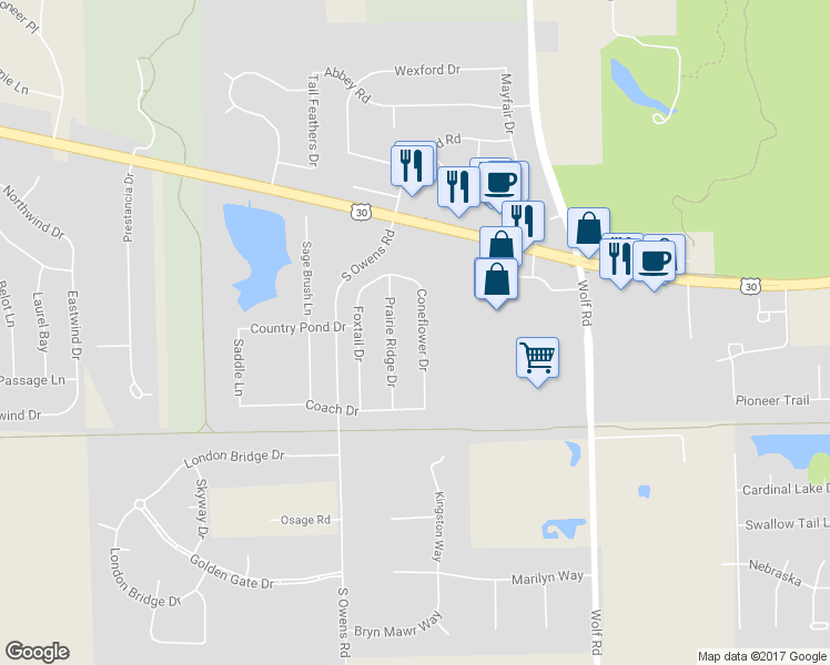 map of restaurants, bars, coffee shops, grocery stores, and more near 21316 Coneflower Drive in Mokena