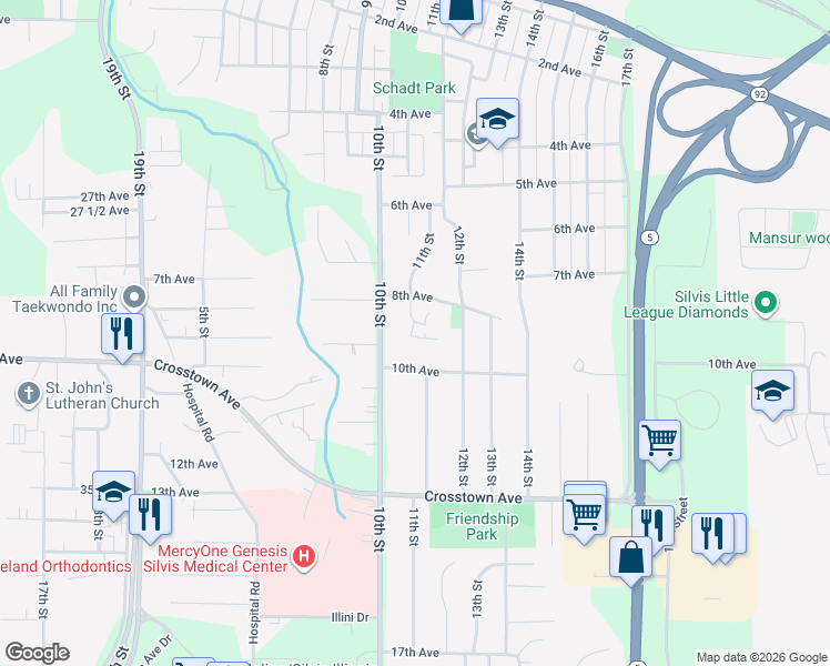 map of restaurants, bars, coffee shops, grocery stores, and more near 836 11th Street Court in Silvis