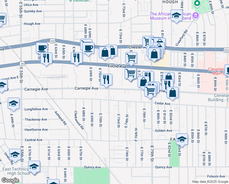 map of restaurants, bars, coffee shops, grocery stores, and more near 7101 Carnegie Avenue in Cleveland