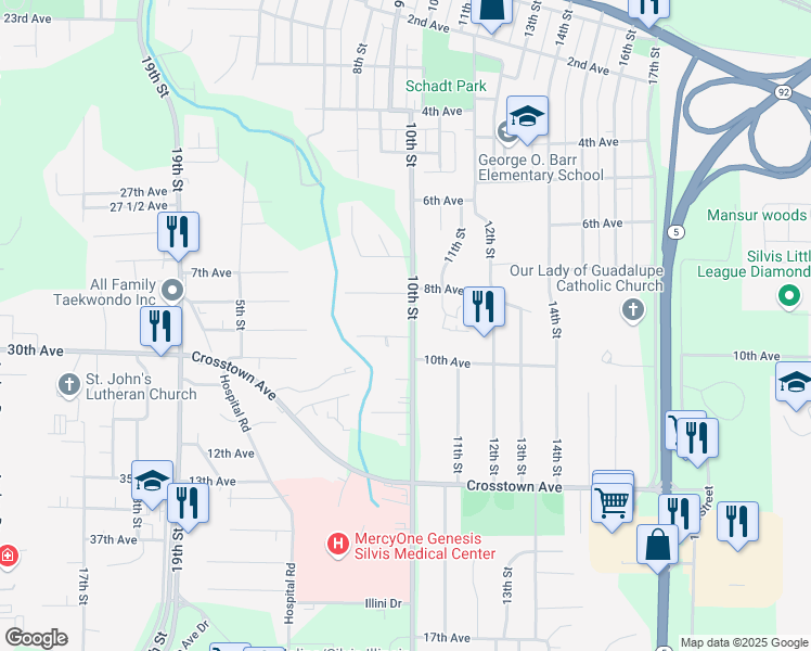 map of restaurants, bars, coffee shops, grocery stores, and more near 824 10th Street in Silvis