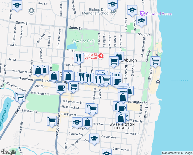 map of restaurants, bars, coffee shops, grocery stores, and more near 23 Dubois Street in Newburgh