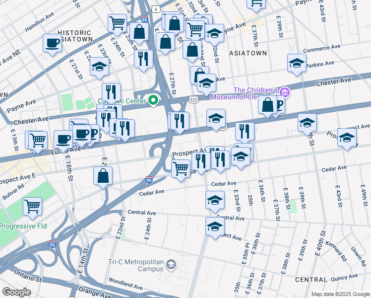 map of restaurants, bars, coffee shops, grocery stores, and more near 2800 Euclid Avenue in Cleveland