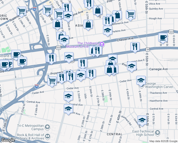 map of restaurants, bars, coffee shops, grocery stores, and more near 2061 East 36th Street in Cleveland