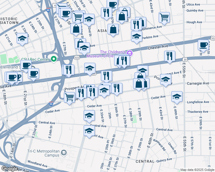map of restaurants, bars, coffee shops, grocery stores, and more near 3501 Prospect Avenue East in Cleveland