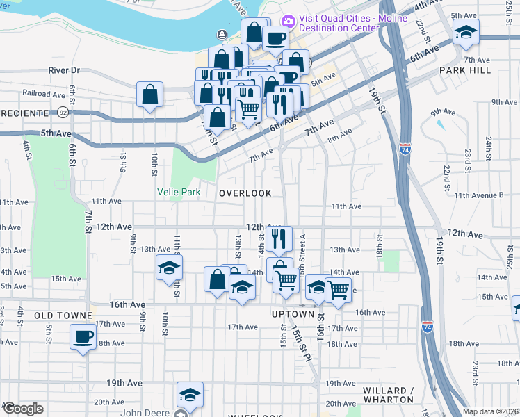 map of restaurants, bars, coffee shops, grocery stores, and more near 1121 14th Street in Moline