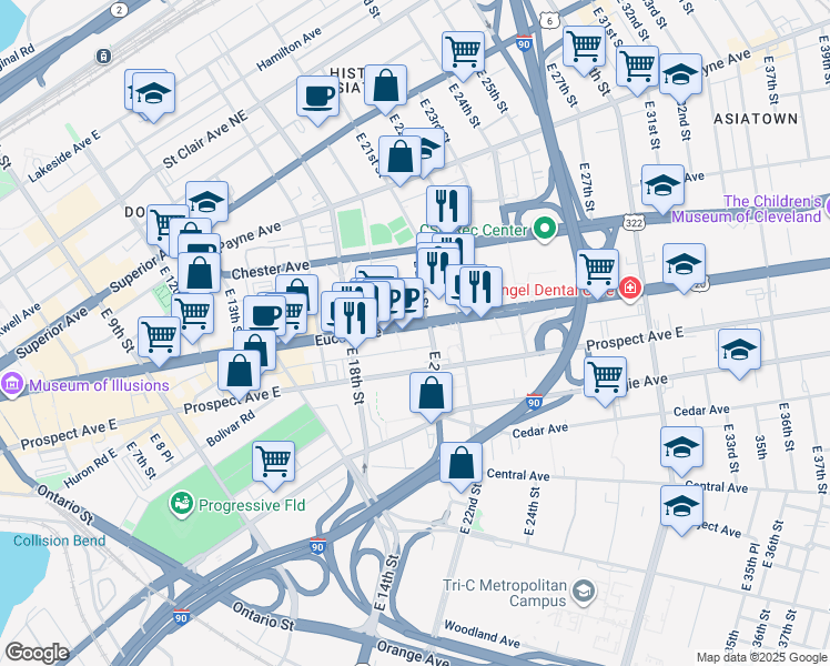 map of restaurants, bars, coffee shops, grocery stores, and more near 2051 Euclid Avenue in Cleveland