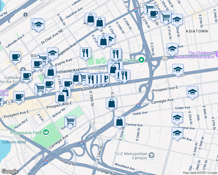 map of restaurants, bars, coffee shops, grocery stores, and more near 2030 Euclid Avenue in Cleveland