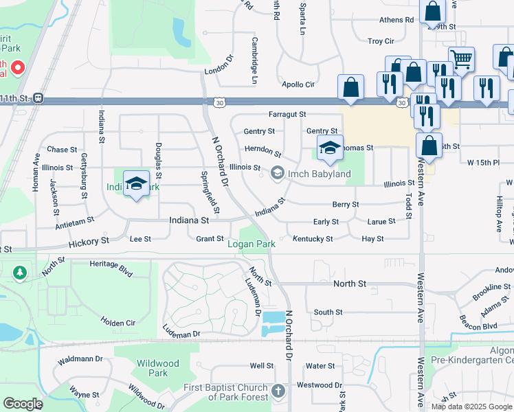 map of restaurants, bars, coffee shops, grocery stores, and more near 307 New Salem Street in Park Forest