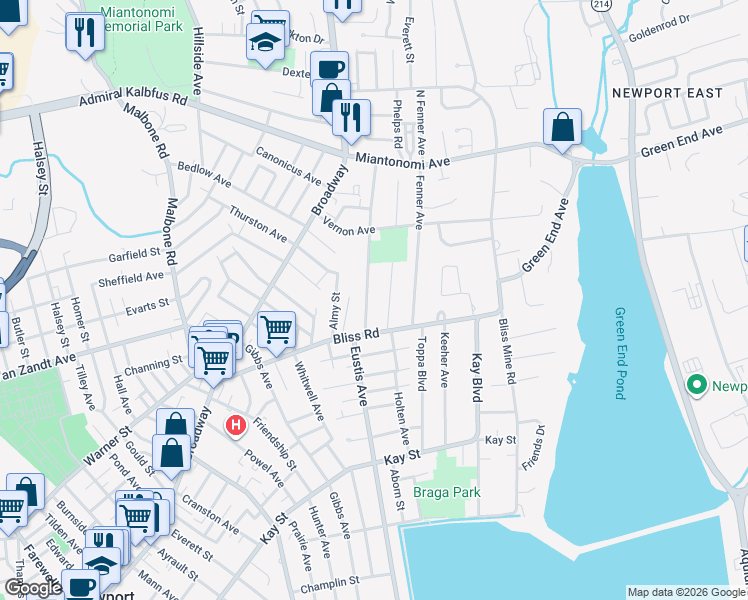 map of restaurants, bars, coffee shops, grocery stores, and more near 24 Freeborn Street in Newport