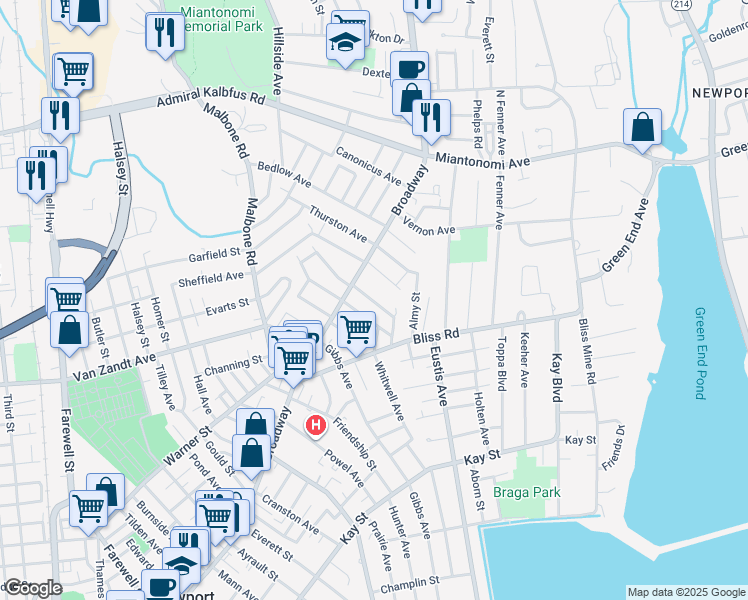 map of restaurants, bars, coffee shops, grocery stores, and more near 437 Broadway in Newport