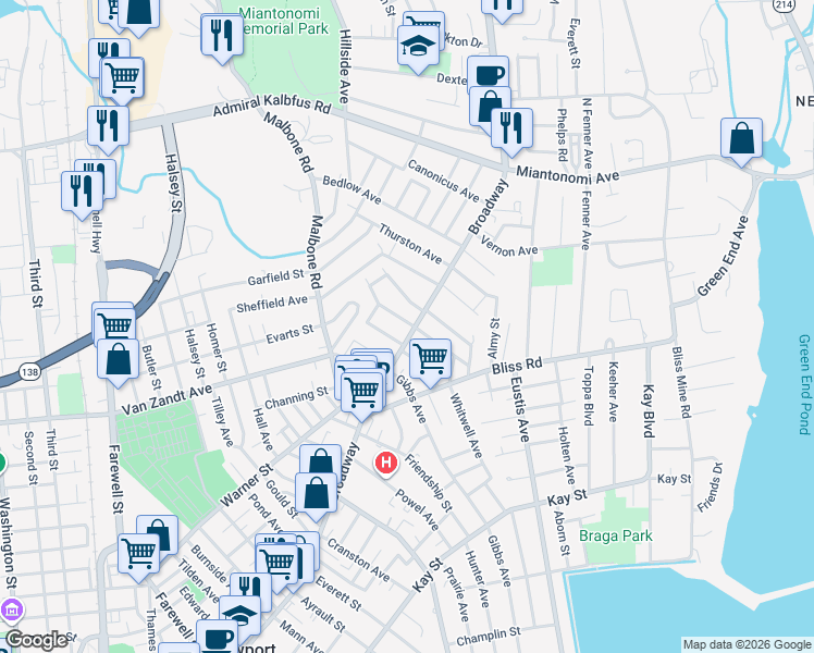 map of restaurants, bars, coffee shops, grocery stores, and more near 6 Greene Lane in Newport