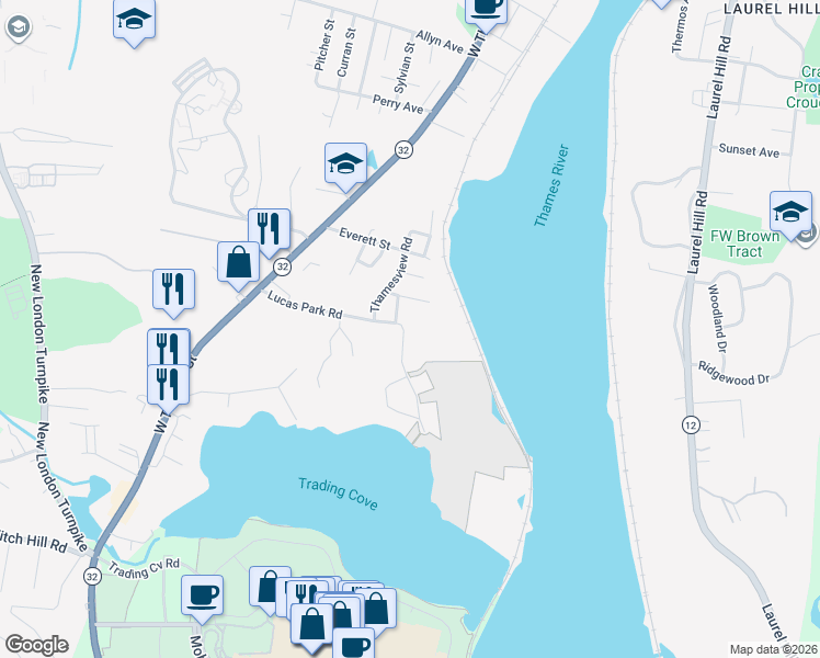 map of restaurants, bars, coffee shops, grocery stores, and more near 20 Waldo Road in Norwich