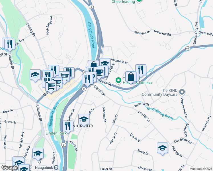 map of restaurants, bars, coffee shops, grocery stores, and more near 100 Prospect Street in Naugatuck
