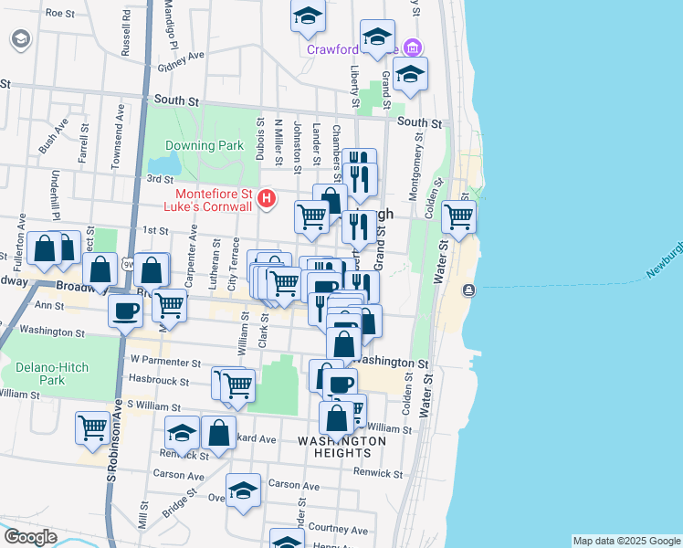map of restaurants, bars, coffee shops, grocery stores, and more near 50 Chambers Street in Newburgh