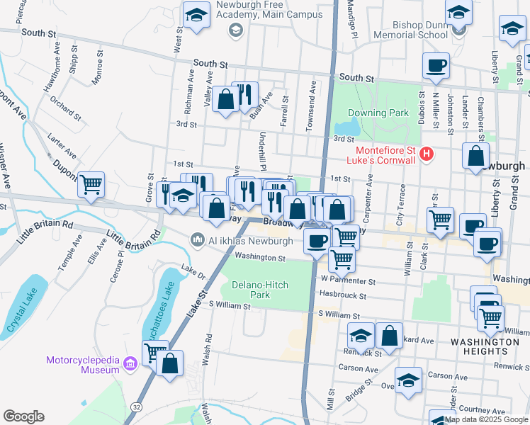 map of restaurants, bars, coffee shops, grocery stores, and more near 172 Van Ness Street in Newburgh