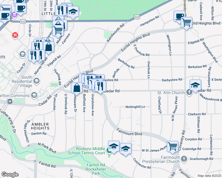 map of restaurants, bars, coffee shops, grocery stores, and more near 2500 Derbyshire Road in Cleveland Heights