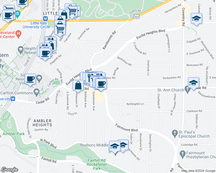 map of restaurants, bars, coffee shops, grocery stores, and more near 2500 Derbyshire Road in Cleveland Heights